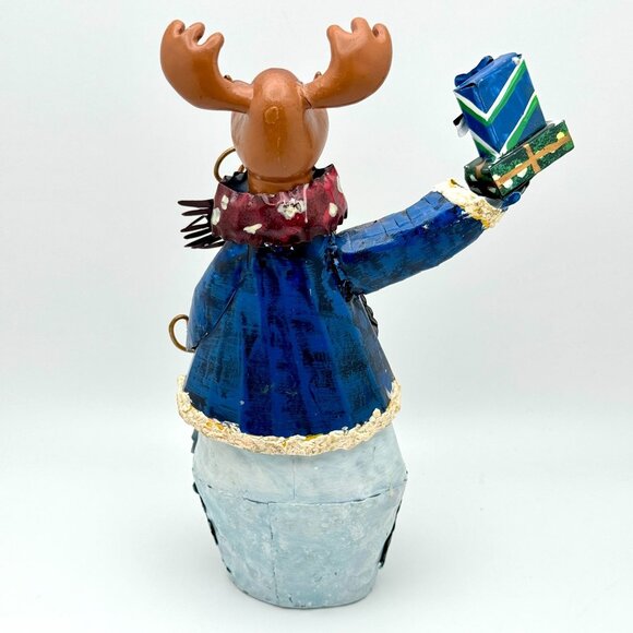Hand-Painted Christmas Moose Figurine Holding Gift & Bird Metal 8" - Picture 4 of 7